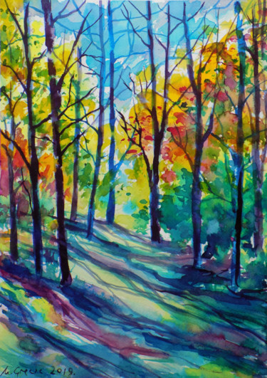 Malerei mit dem Titel "Forest path XIV" von Maja Grecic, Original-Kunstwerk, Aquarell