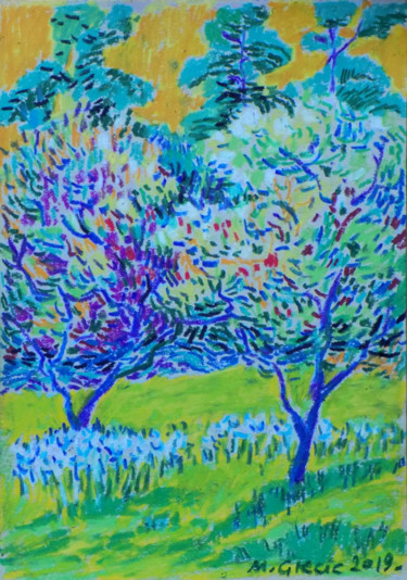 Drawing titled "Orchard with white…" by Maja Grecic, Original Artwork, Pastel