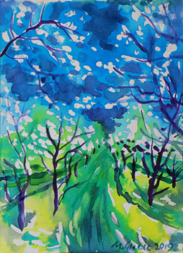 Peinture intitulée "Clouds in orchard" par Maja Grecic, Œuvre d'art originale, Aquarelle