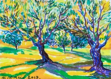Tekening getiteld "Olive grove No6" door Maja Grecic, Origineel Kunstwerk, Pastel