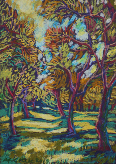 Drawing titled "Late Summer orchard" by Maja Grecic, Original Artwork, Pastel