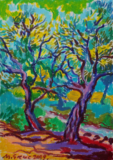 Disegno intitolato "Olive grove No 10" da Maja Grecic, Opera d'arte originale, Pastello