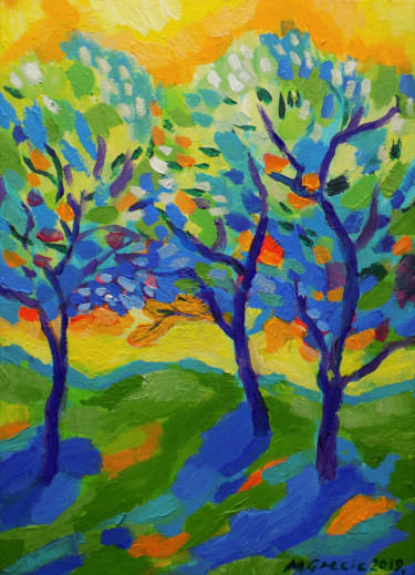 Peinture intitulée "Orchard in yellow a…" par Maja Grecic, Œuvre d'art originale, Acrylique