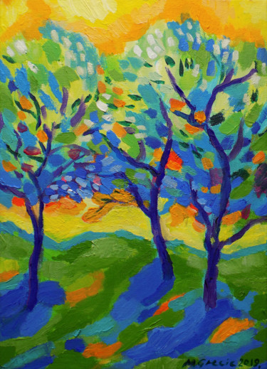 Schilderij getiteld "Orchard in yellow a…" door Maja Grecic, Origineel Kunstwerk, Acryl