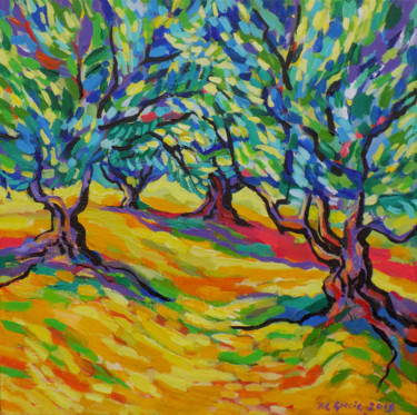 Malarstwo zatytułowany „Olive grove in yell…” autorstwa Maja Grecic, Oryginalna praca, Akryl