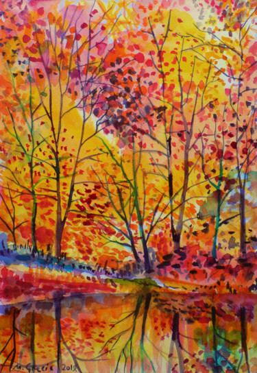 Pintura titulada "Autumn forest refle…" por Maja Grecic, Obra de arte original, Acuarela