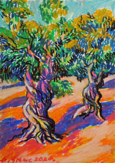 Zeichnungen mit dem Titel "Olive grove No 18" von Maja Grecic, Original-Kunstwerk, Pastell