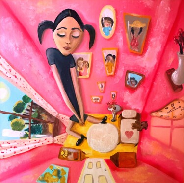 Painting titled "Pink Room" by Mayra Freeman, Original Artwork, Oil Mounted on Cardboard