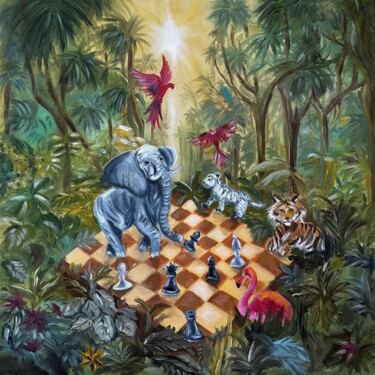 Painting titled "Big Chess" by Mayra Freeman, Original Artwork, Oil Mounted on Wood Stretcher frame
