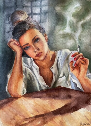 Pittura intitolato "Girl with a cigaret…" da Mayra Freeman, Opera d'arte originale, Acquarello