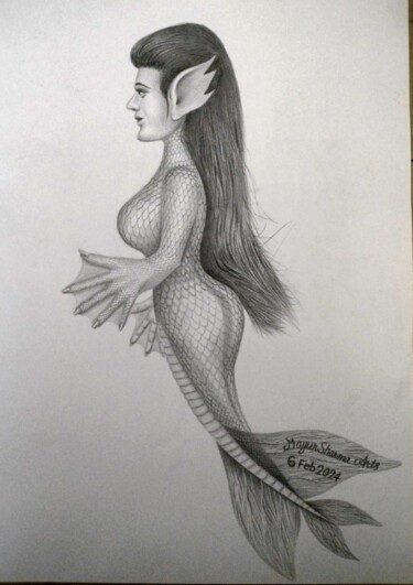 Dibujo titulada "Silky Mermaid." por Mayur Sharma Art, Obra de arte original, Lápiz