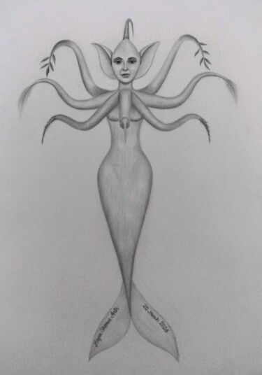 Dibujo titulada "Humo-octo-mermaid" por Mayur Sharma Art, Obra de arte original, Grafito
