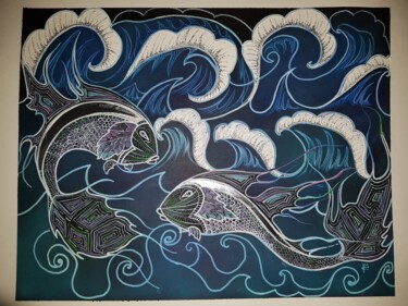 Peinture intitulée "Les poissons mandala" par Maz'Art, Œuvre d'art originale, Aérographe