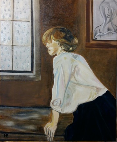 Pittura intitolato "femme pensif attend…" da Patricia Mazzeo, Opera d'arte originale, Olio