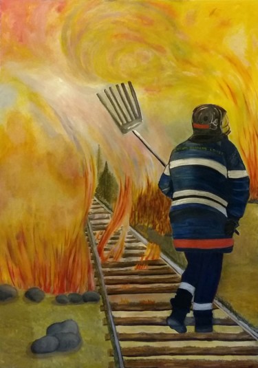 Painting titled "Le pompier  a la ba…" by Patricia Mazzeo, Original Artwork, Acrylic
