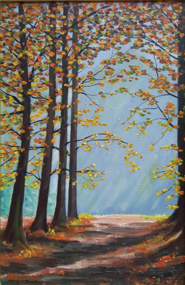 Painting titled "Automne en forêt" by Marie Baudry (Marylene), Original Artwork, Oil