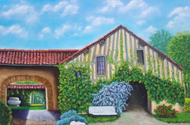 Painting titled "La Ferme" by Marie Baudry (Marylene), Original Artwork, Oil Mounted on Wood Stretcher frame