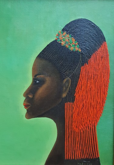 Painting titled "Belle Inconnue Afri…" by Marie Baudry (Marylene), Original Artwork, Oil Mounted on Wood Stretcher frame