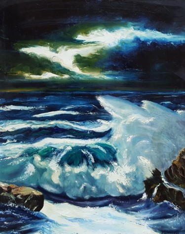 Painting titled "Marine de Nuit" by Marie Baudry (Marylene), Original Artwork, Oil Mounted on Wood Stretcher frame