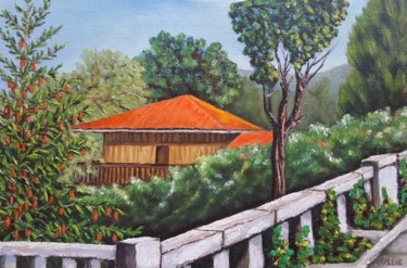 Painting titled "Balcon Cercedilla" by Marie Baudry (Marylene), Original Artwork, Oil Mounted on Wood Stretcher frame