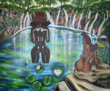 Painting titled "Tribal Bath" by Pouk'Art, Original Artwork, Oil