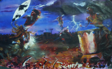 Pintura intitulada "Zulu Warriors Dance" por Mbongeni, Obras de arte originais, Acrílico