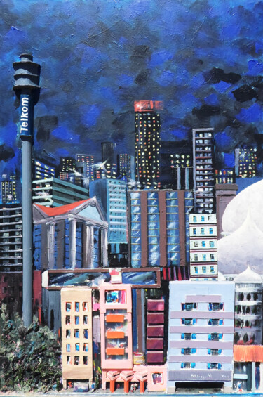 Painting titled "Johannesburg Towers" by Mbongeni, Original Artwork, Acrylic Mounted on Wood Stretcher frame