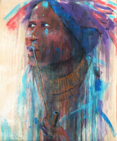 Peinture intitulée "Woman Smoking Pipe" par Mbongeni, Œuvre d'art originale, Acrylique