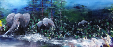 Malerei mit dem Titel "African Elephants" von Mbongeni, Original-Kunstwerk, Acryl