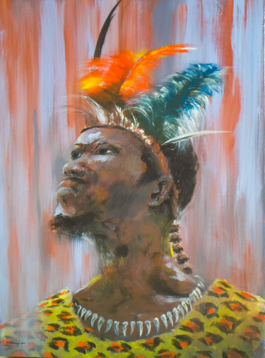 Ζωγραφική με τίτλο "Impi Warrior" από Mbongeni, Αυθεντικά έργα τέχνης, Λάδι