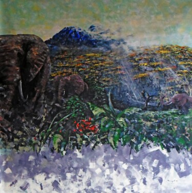 Peinture intitulée "Elephants In The Fo…" par Mbongeni, Œuvre d'art originale, Acrylique