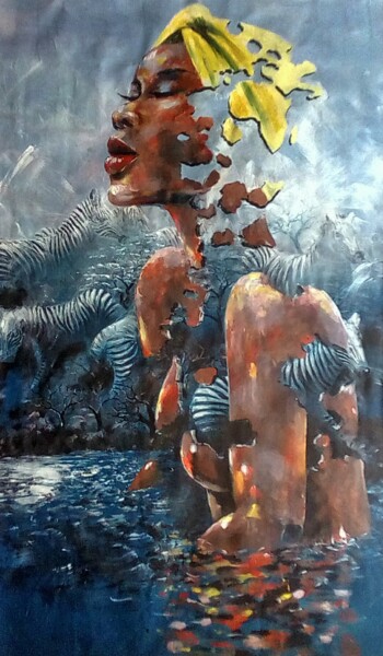 Schilderij getiteld "Wildlife Paradise" door Mbongeni, Origineel Kunstwerk, Olie