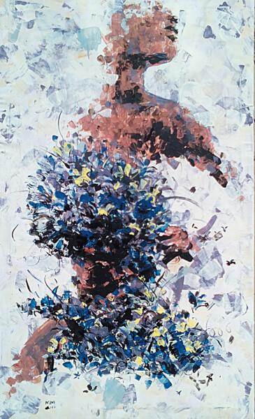 Malerei mit dem Titel "Woman with Flowers" von Mbongeni, Original-Kunstwerk, Acryl