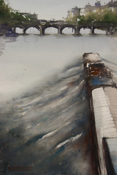 Painting titled "Péniche on the way" by Mc Armand, Original Artwork, Watercolor