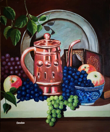 Painting titled "Pommes et raisins" by Mc Devésa, Original Artwork, Oil