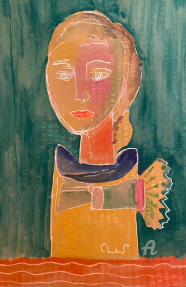Картина под названием "Portrait de femme à…" - Mc Toulouse, Подлинное произведение искусства, Акварель