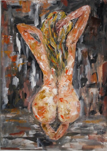 Painting titled "Dos nu nacked nude…" by Michel Capra, Original Artwork, Oil Mounted on Wood Panel