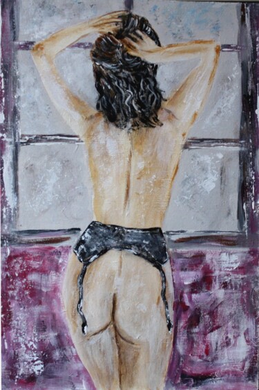 Pittura intitolato "femme nue en porte…" da Michel Capra, Opera d'arte originale, Olio