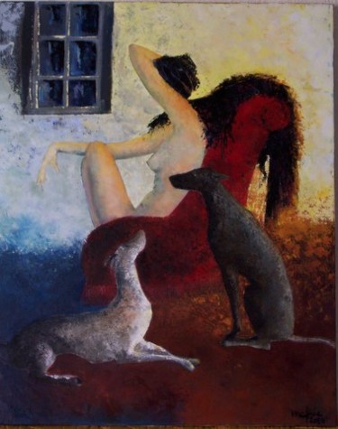 Painting titled "Nu aux lévriers" by Christine Fric, Original Artwork