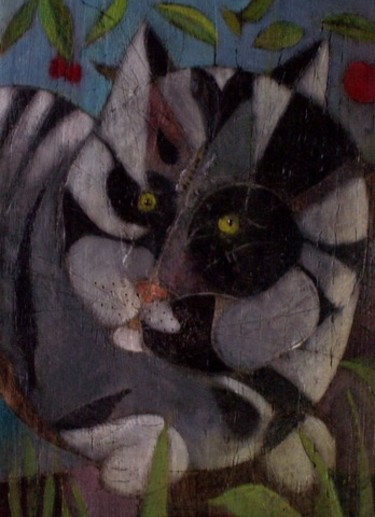 Painting titled "Gros chat embusqué" by Christine Fric, Original Artwork, Oil