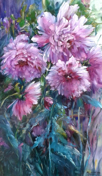 Malerei mit dem Titel "Les Dahlias roses d…" von Chrispaint-Flowers, Original-Kunstwerk, Öl
