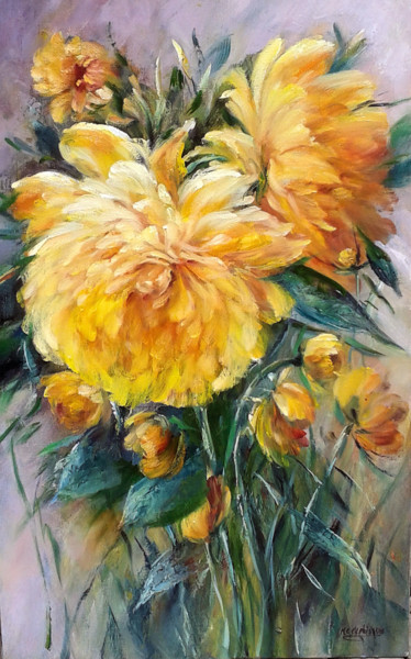 Peinture intitulée "Les dahlias jaunes…" par Chrispaint-Flowers, Œuvre d'art originale, Huile