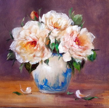 Painting titled "Les roses blanches…" by Chrispaint-Flowers, Original Artwork, Oil