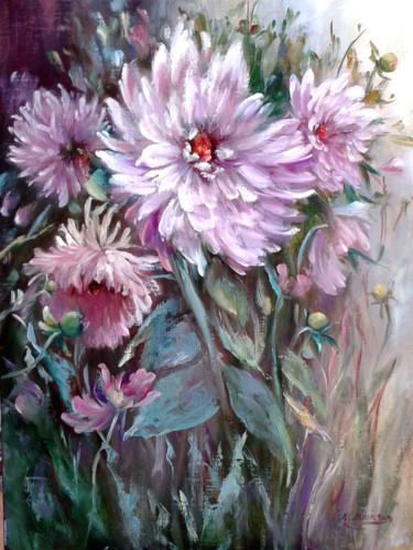 Peinture intitulée "Les dahlias du mois…" par Chrispaint-Flowers, Œuvre d'art originale, Huile