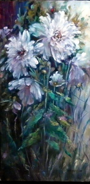 Painting titled "Dahlias blancs" by Chrispaint-Flowers, Original Artwork