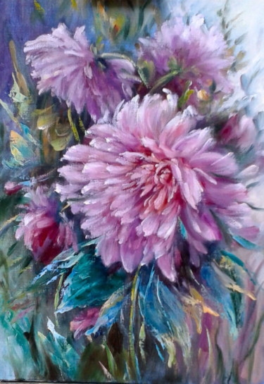 Painting titled "Dahlias roses" by Chrispaint-Flowers, Original Artwork