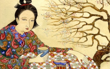Картина под названием "Чаепитие под сакурой" - Marie Chekunina, Подлинное произведение искусства