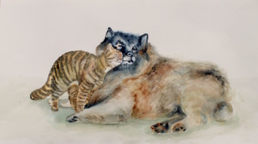 Painting titled "cat and dog" by Agnes Mclaughlin, Original Artwork, Watercolor