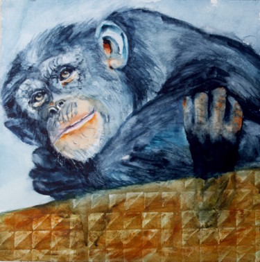 Painting titled "chimp-watercolour.j…" by Agnes Mclaughlin, Original Artwork, Watercolor