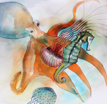 Peinture intitulée "octopus and sea hor…" par Agnes Mclaughlin, Œuvre d'art originale, Aquarelle